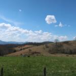 Open rural landscape with rolling brown hills, leafless trees, a wooden fence in the foreground, and a bright blue sky with scattered clouds.