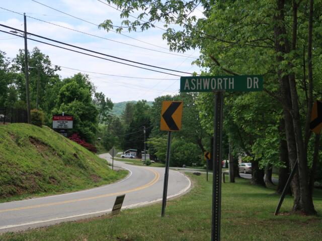 Curved road lined with trees and power lines; Ashworth Dr street sign visible with yellow chevron signs nearby.