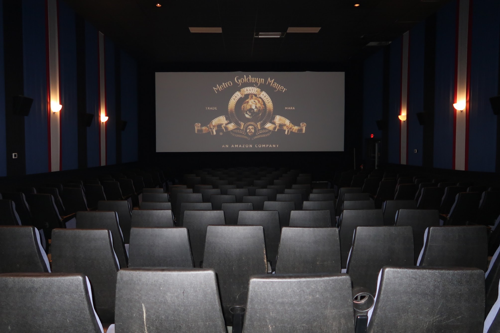 Empty cinema with a large screen showing the Metro-Goldwyn-Mayer logo in a dim theater.