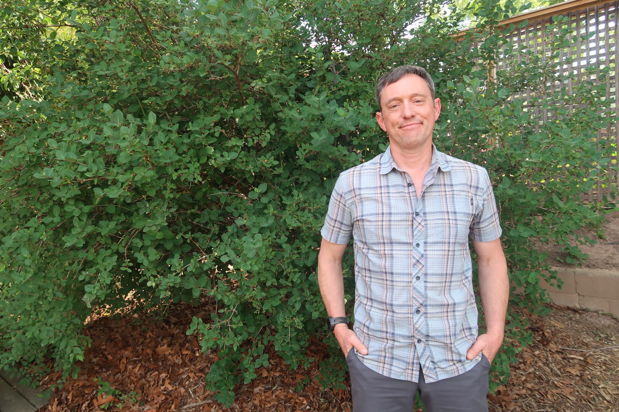 Smiling man in a light plaid shirt standing in front of dense green bushes outdoors.