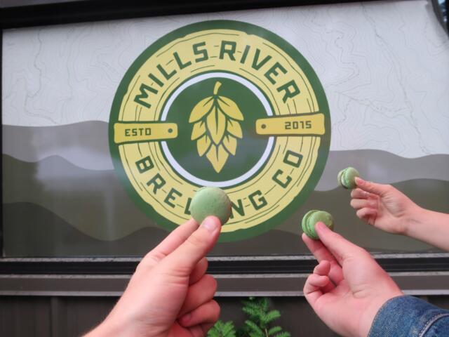 Hands holding several green macarons in front of a circular Mills River Brewing Co. logo on a window.