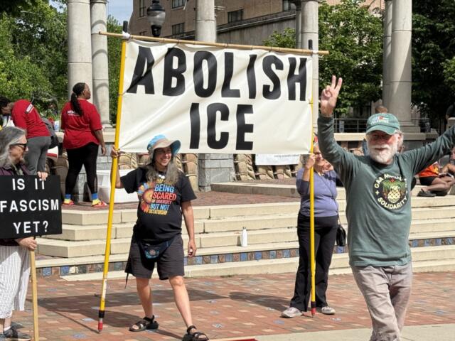 Group of protesters on steps holding a large 'ABOLISH ICE' banner and a sign reading 'Is it fascism yet?'.