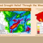 Infographic showing a color-coded U.S. rainfall forecast map for the next 7 days, with a drought-intensity legend and a separate drought map, issued May 18, 2026.
