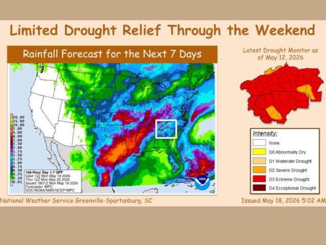 Infographic showing a color-coded U.S. rainfall forecast map for the next 7 days, with a drought-intensity legend and a separate drought map, issued May 18, 2026.