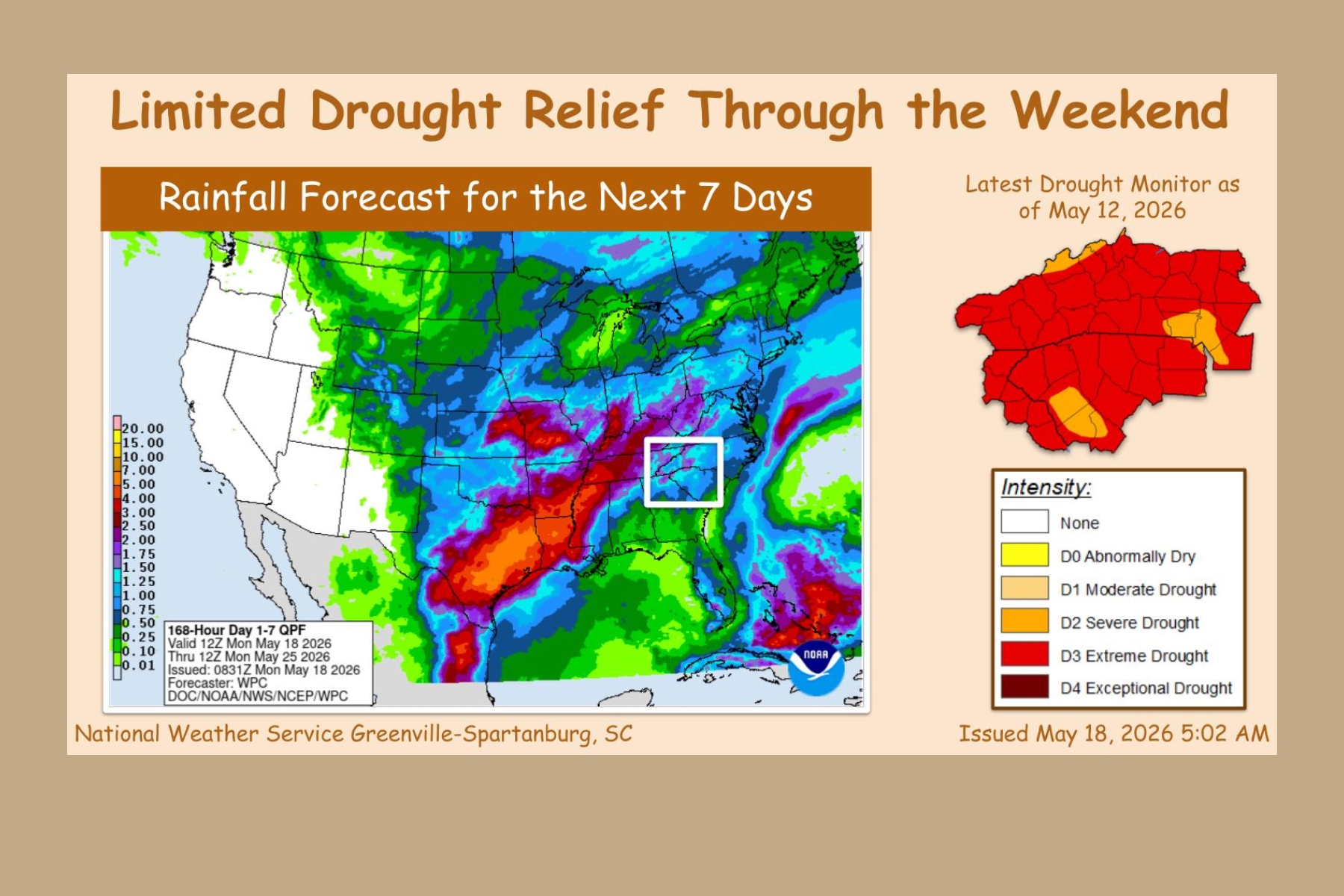 Infographic showing a color-coded U.S. rainfall forecast map for the next 7 days, with a drought-intensity legend and a separate drought map, issued May 18, 2026.