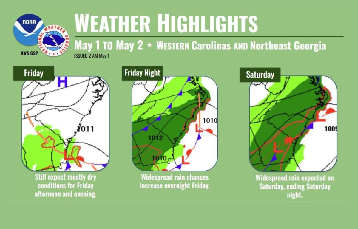 Graphic titled Weather Highlights for May 1–2 in the Carolinas and Georgia; three panels labeled Friday, Friday Night, and Saturday showing weather maps with rain and fronts.