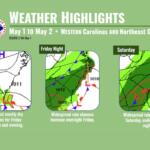 Graphic titled Weather Highlights for May 1–2 in the Carolinas and Georgia; three panels labeled Friday, Friday Night, and Saturday showing weather maps with rain and fronts.