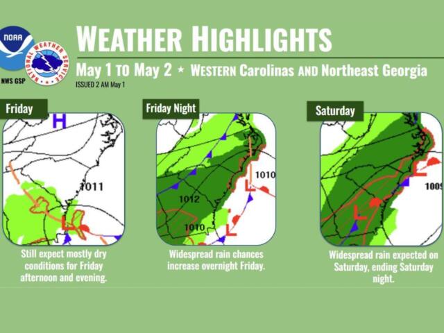 Graphic titled Weather Highlights for May 1–2 in the Carolinas and Georgia; three panels labeled Friday, Friday Night, and Saturday showing weather maps with rain and fronts.