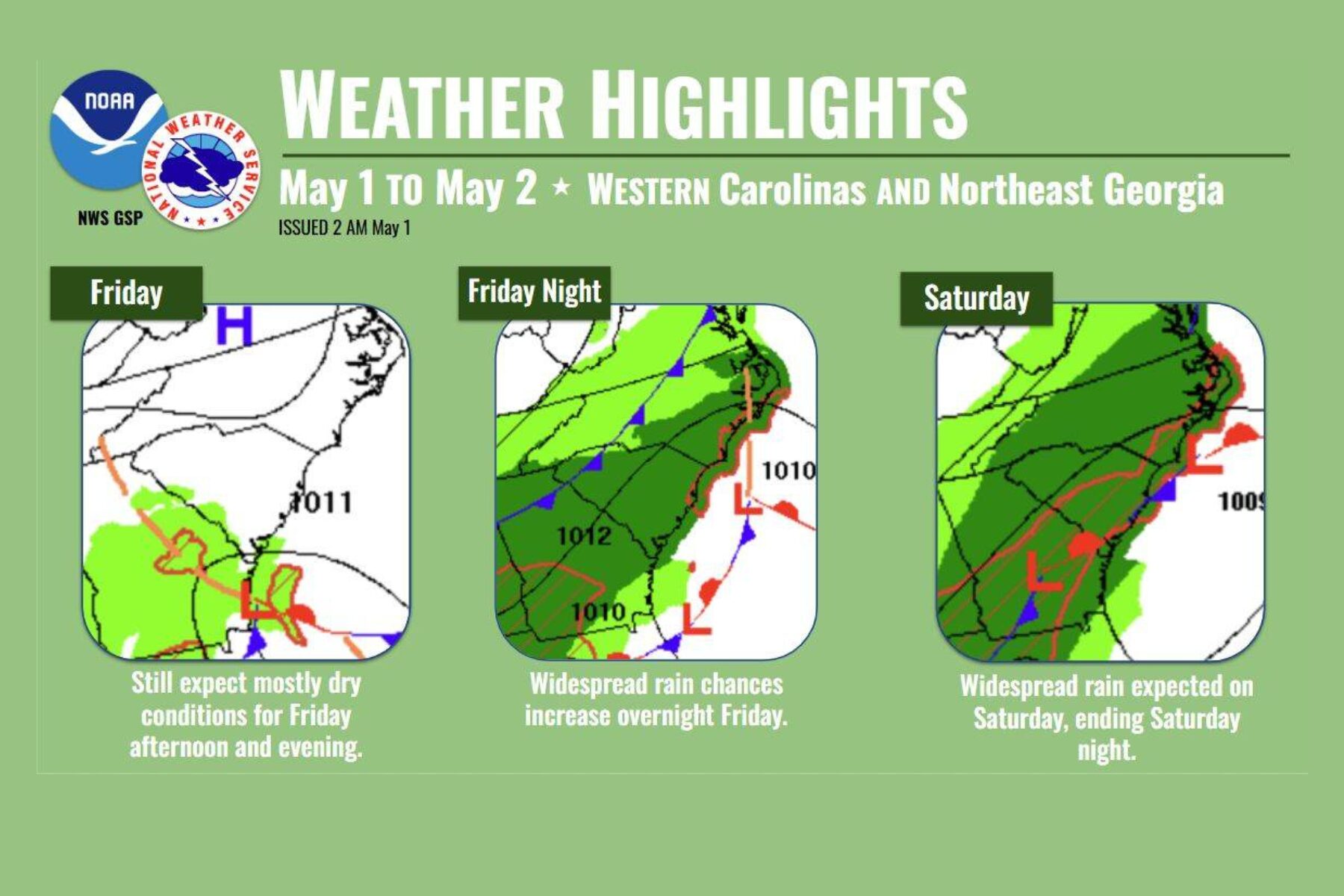 Graphic titled Weather Highlights for May 1–2 in the Carolinas and Georgia; three panels labeled Friday, Friday Night, and Saturday showing weather maps with rain and fronts.