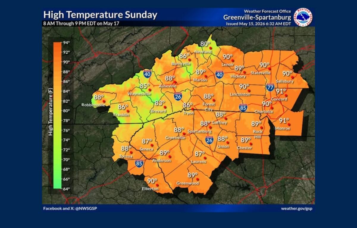 Weather map showing Sunday high temperatures across western NC and upstate SC, with orange shading around 86–91°F.