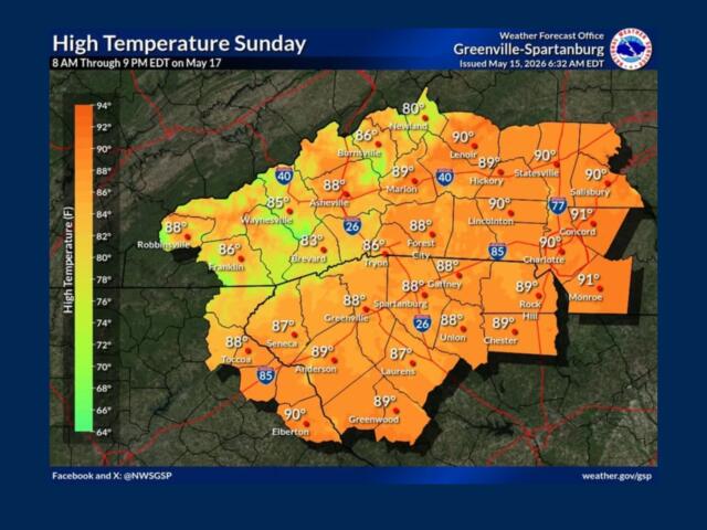 Weather map showing Sunday high temperatures across western NC and upstate SC, with orange shading around 86–91°F.