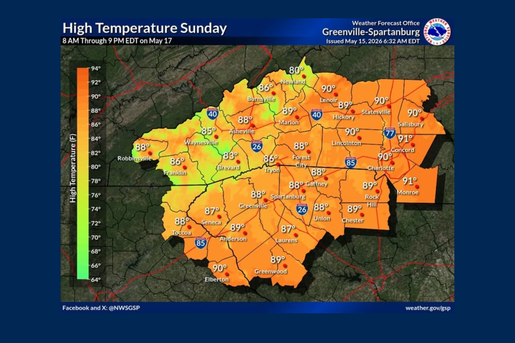 Weather map showing Sunday high temperatures across western NC and upstate SC, with orange shading around 86–91°F.