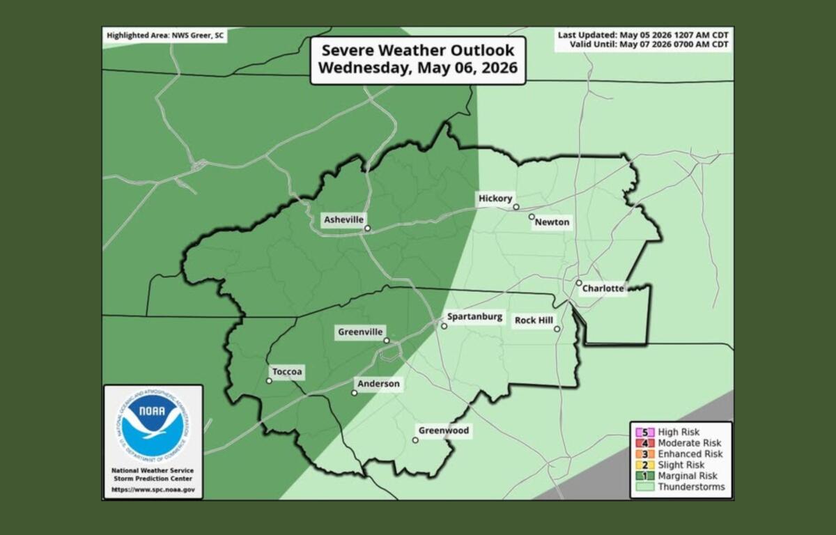Severe Weather Outlook map for Wednesday, May 6, 2026, highlighting risk areas around Asheville, Hickory, Charlotte with legend and NOAA/NWS logo in the corner.