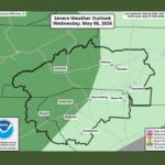 Severe Weather Outlook map for Wednesday, May 6, 2026, highlighting risk areas around Asheville, Hickory, Charlotte with legend and NOAA/NWS logo in the corner.