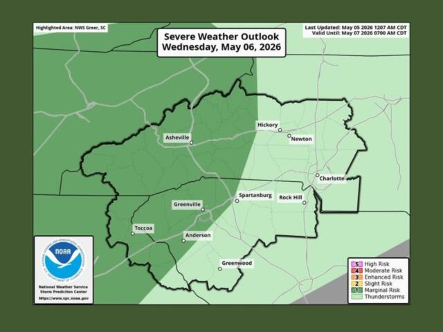 Severe Weather Outlook map for Wednesday, May 6, 2026, highlighting risk areas around Asheville, Hickory, Charlotte with legend and NOAA/NWS logo in the corner.