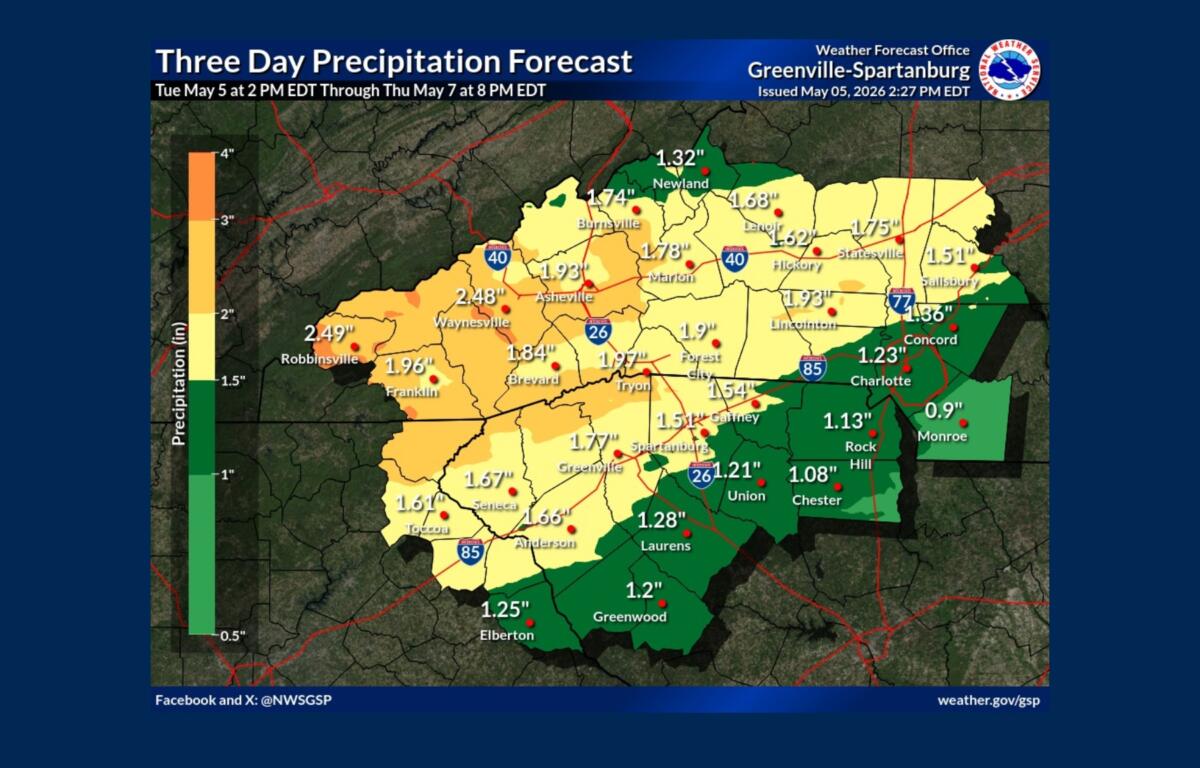 Three-day precipitation forecast map for Greenville-Spartanburg area, showing rainfall amounts by color with city labels and borders.