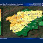 Three-day precipitation forecast map for Greenville-Spartanburg area, showing rainfall amounts by color with city labels and borders.