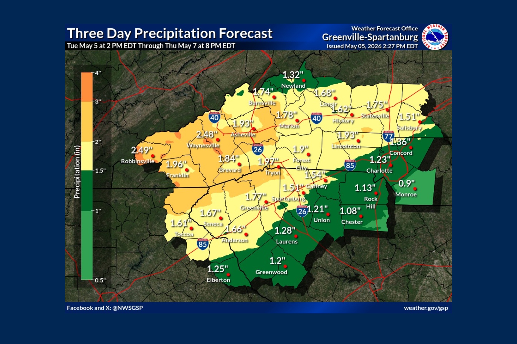Three-day precipitation forecast map for Greenville-Spartanburg area, showing rainfall amounts by color with city labels and borders.