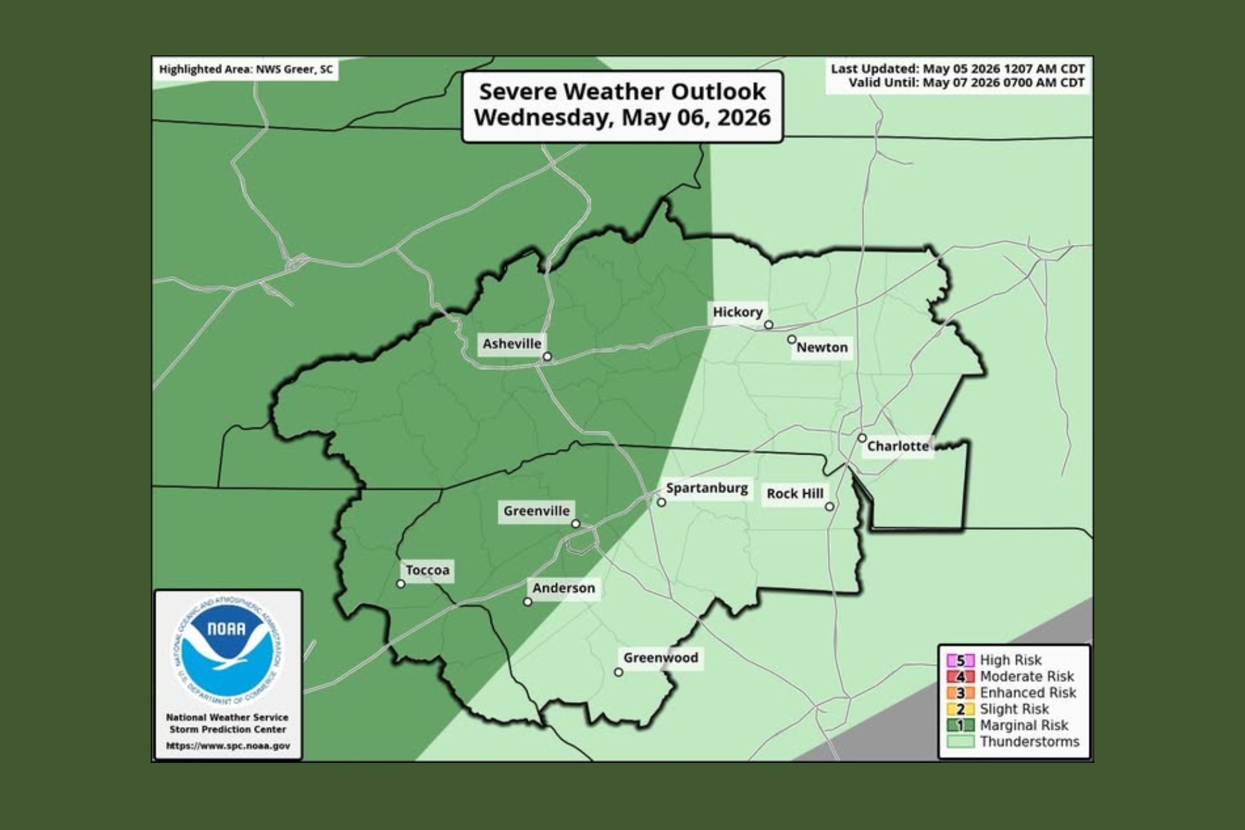Severe Weather Outlook map for Wednesday, May 6, 2026, highlighting risk areas around Asheville, Hickory, Charlotte with legend and NOAA/NWS logo in the corner.