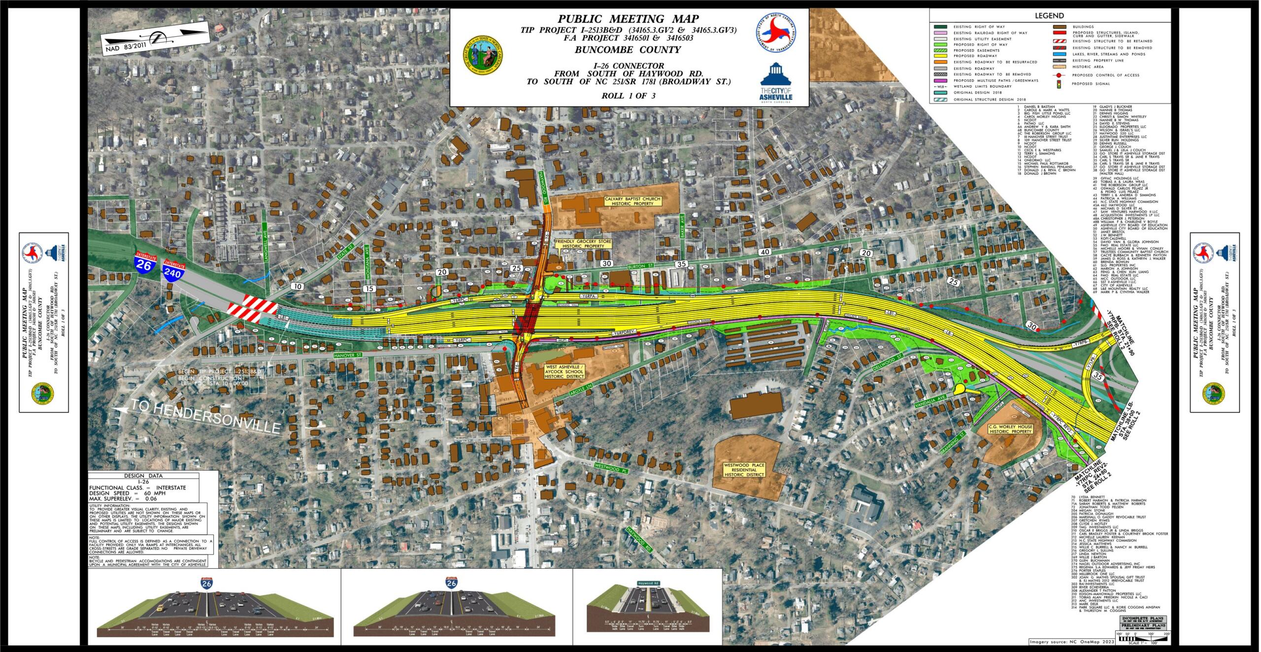 Public meeting map for TIP project in Asheville area, showing proposed roadways, highways, and surrounding neighborhoods with legends and sponsor logos.