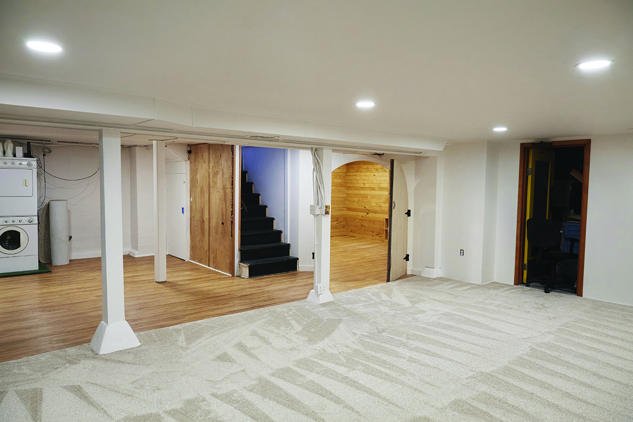 Bright basement space with white support columns, a carpeted main area, and a wooden arched doorway beside a short black staircase.