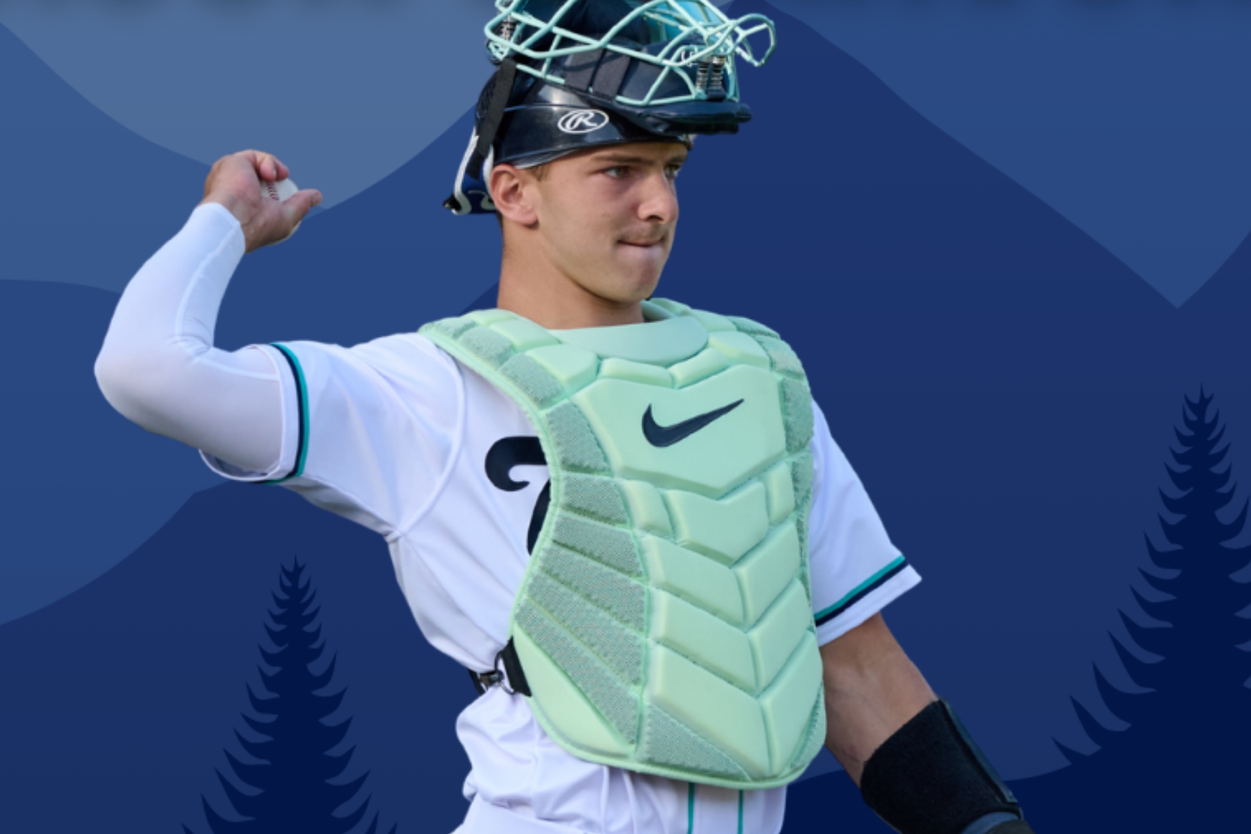 Baseball catcher in light mint-green chest protector and mask, mid-throw against a blue geometric backdrop.
