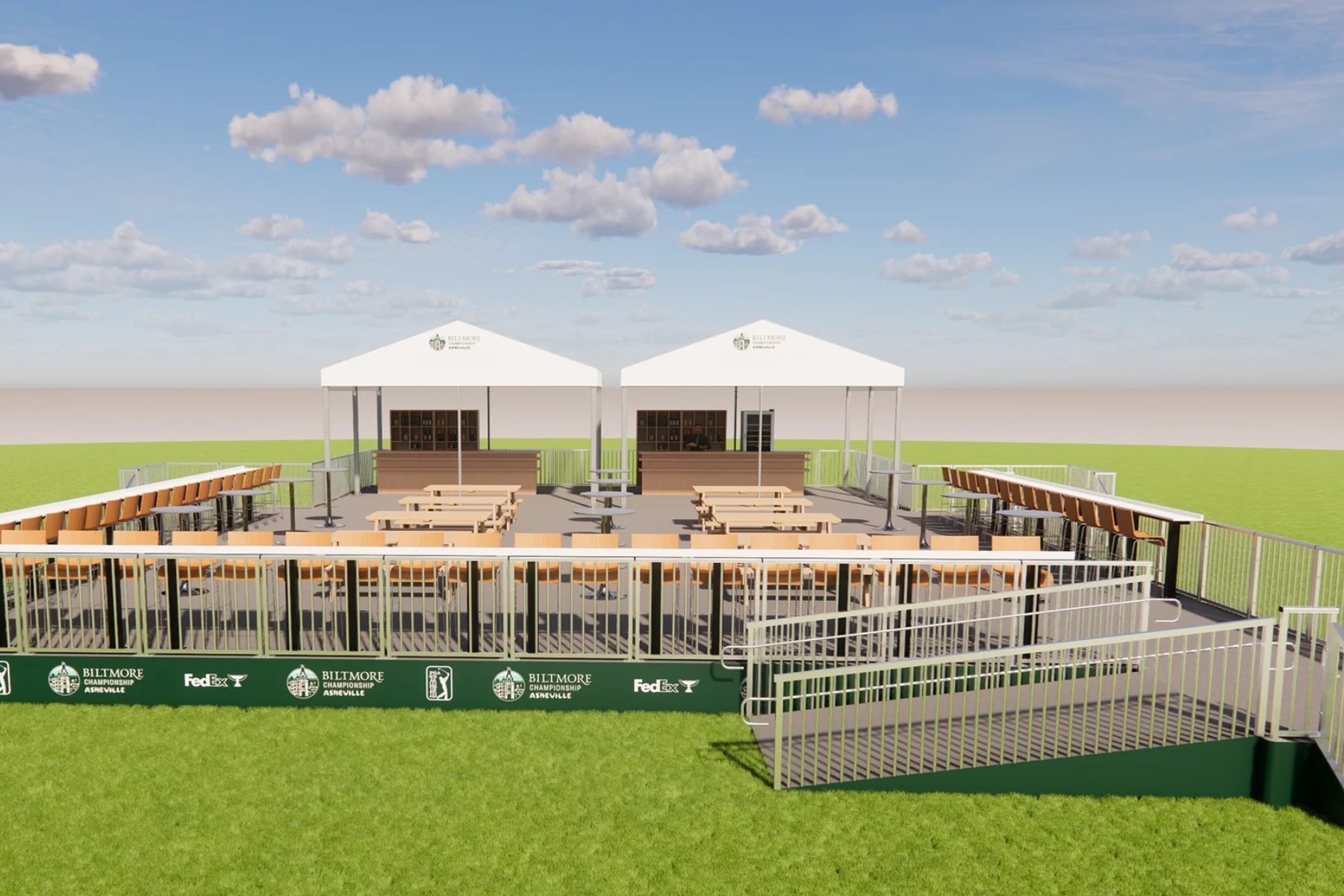 Two white event tents sit behind rows of wooden bleachers on a grassy field under a blue sky with scattered clouds, at a sports venue.