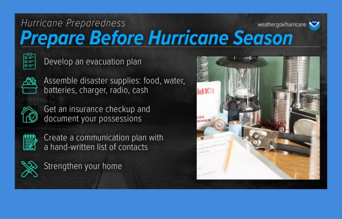 Infographic titled 'Prepare Before Hurricane Season' with five steps: evacuation plan, disaster supplies, insurance checkup, contact list, and home strengthening.