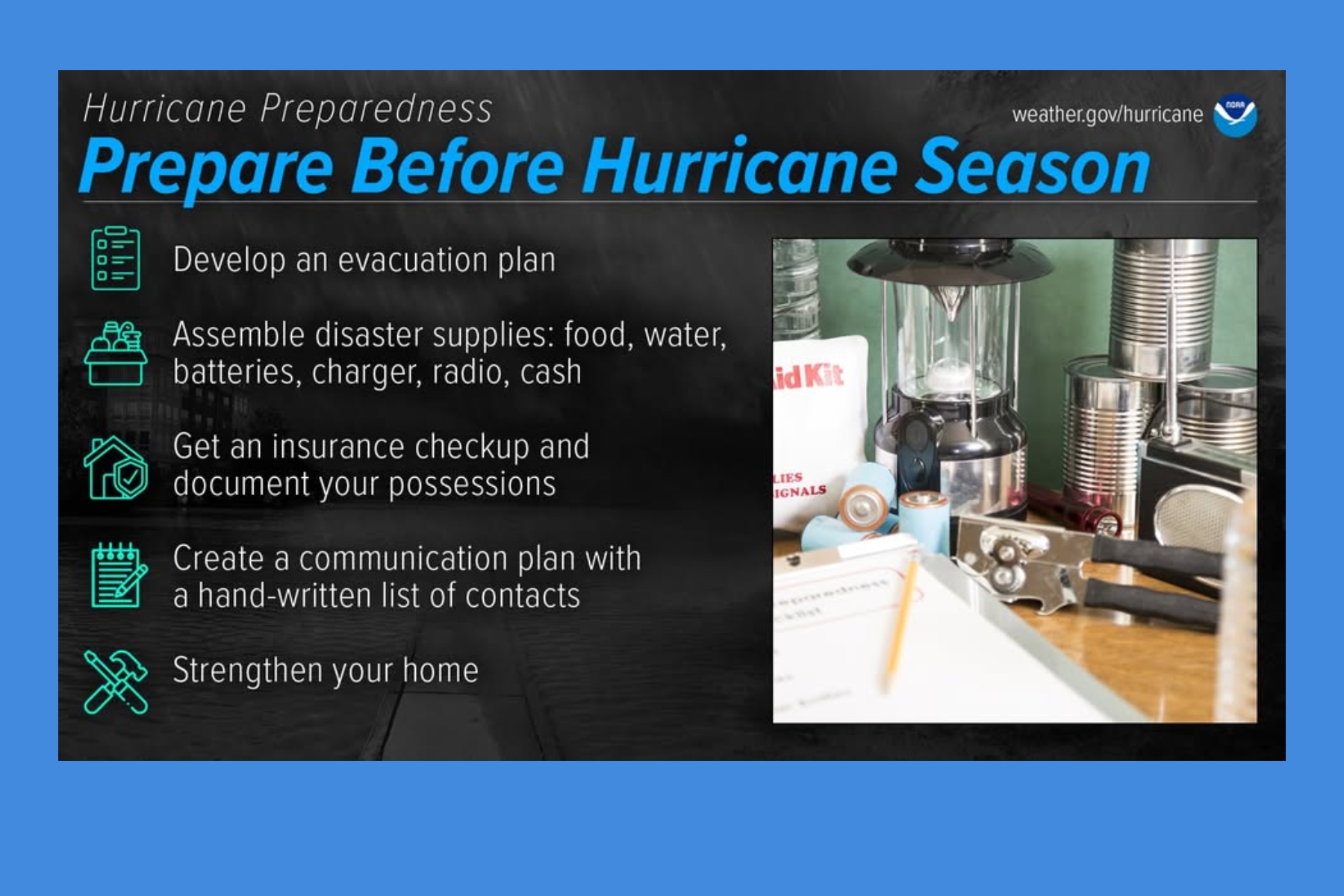 Infographic titled 'Prepare Before Hurricane Season' with five steps: evacuation plan, disaster supplies, insurance checkup, contact list, and home strengthening.