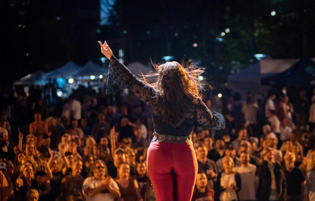 Performer seen from behind, raising arms on a night outdoor stage as a large cheering crowd watches.