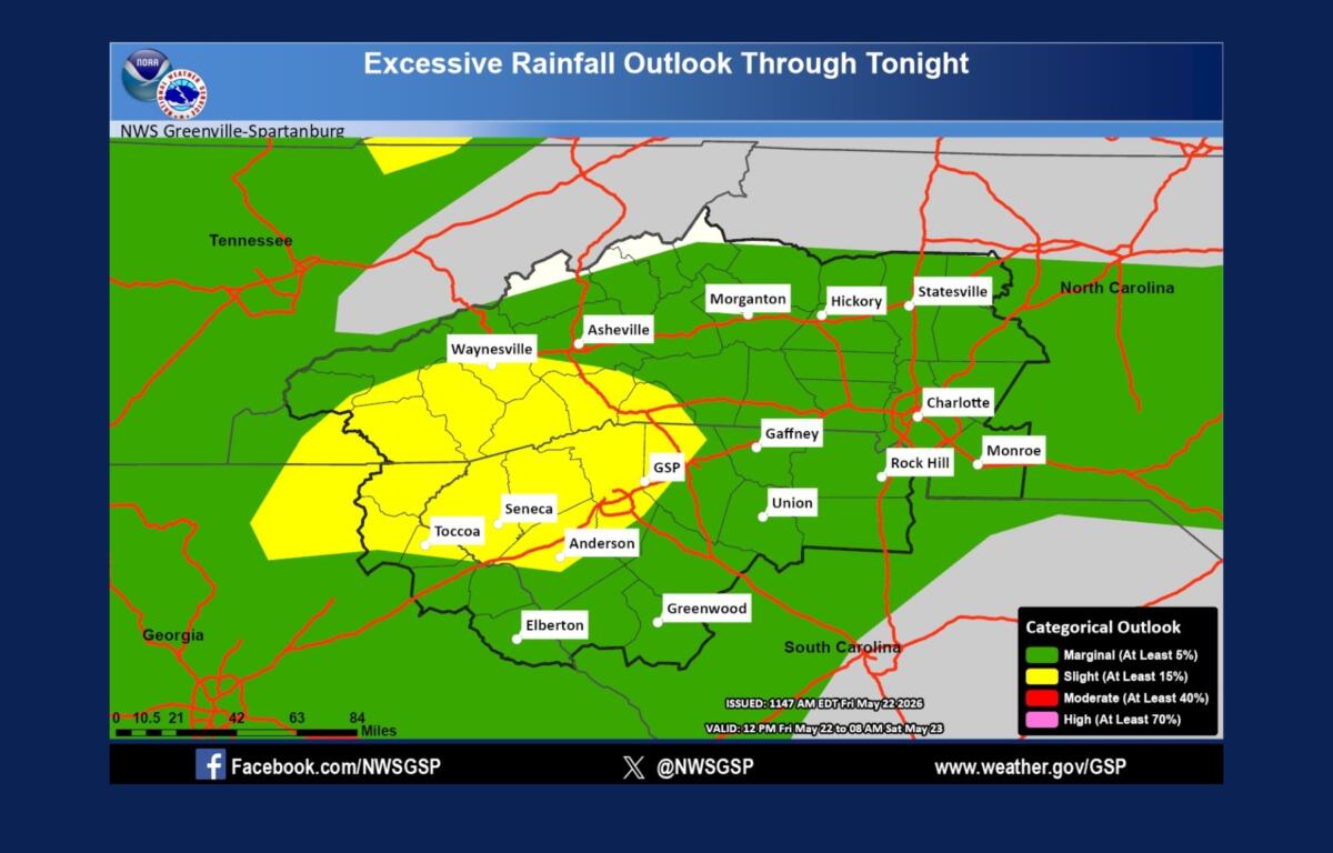 Weather map titled 'Excessive Rainfall Outlook Through Tonight' showing color-coded outlook areas and labeled cities in the southeastern U.S. (Asheville, Charlotte, Morganton, etc.). The legend bottom-right indicates marginal to high risk levels.