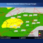 Weather map titled 'Excessive Rainfall Outlook Through Tonight' showing color-coded outlook areas and labeled cities in the southeastern U.S. (Asheville, Charlotte, Morganton, etc.). The legend bottom-right indicates marginal to high risk levels.