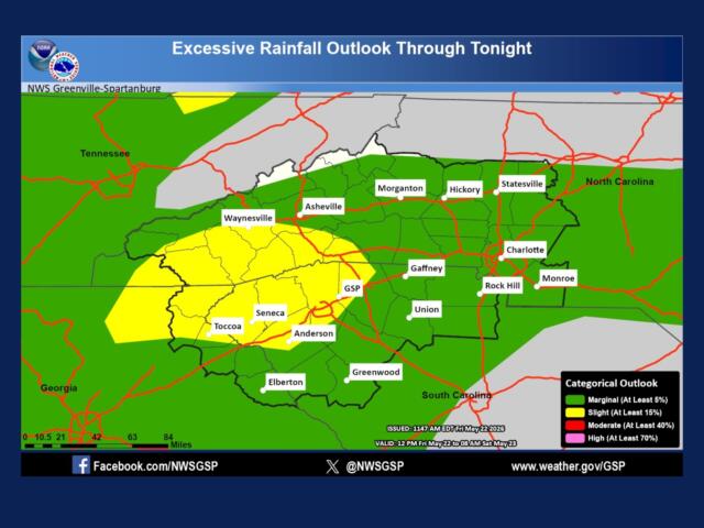 Weather map titled 'Excessive Rainfall Outlook Through Tonight' showing color-coded outlook areas and labeled cities in the southeastern U.S. (Asheville, Charlotte, Morganton, etc.). The legend bottom-right indicates marginal to high risk levels.