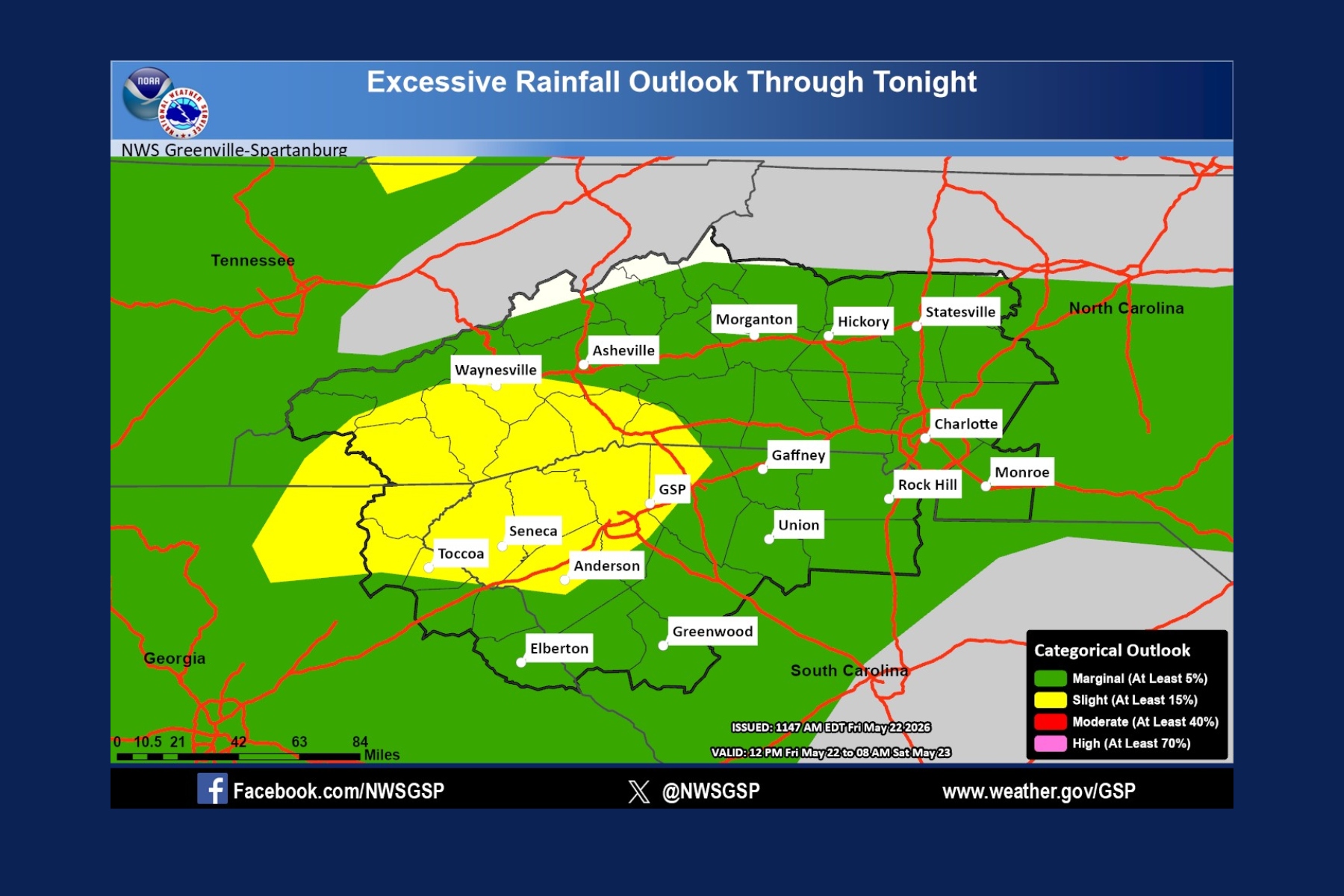 Weather map titled 'Excessive Rainfall Outlook Through Tonight' showing color-coded outlook areas and labeled cities in the southeastern U.S. (Asheville, Charlotte, Morganton, etc.). The legend bottom-right indicates marginal to high risk levels.