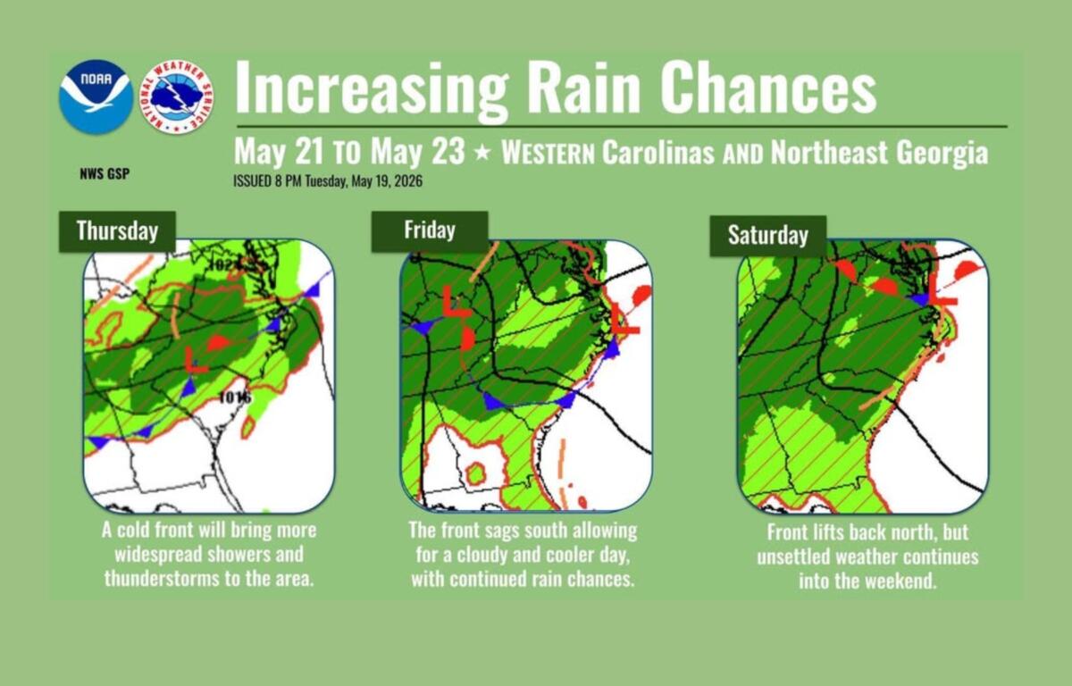 Infographic about increasing rain chances (May 21–23) for Western Carolinas and Northeast Georgia, with three daily weather maps labeled Thursday, Friday and Saturday showing rain coverage.