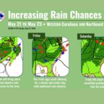 Infographic about increasing rain chances (May 21–23) for Western Carolinas and Northeast Georgia, with three daily weather maps labeled Thursday, Friday and Saturday showing rain coverage.