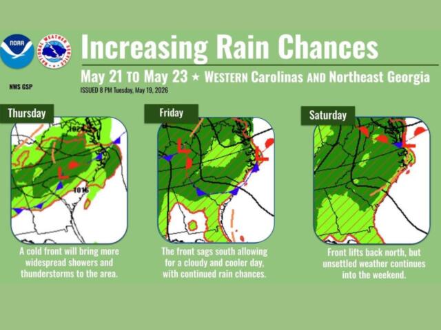 Infographic about increasing rain chances (May 21–23) for Western Carolinas and Northeast Georgia, with three daily weather maps labeled Thursday, Friday and Saturday showing rain coverage.