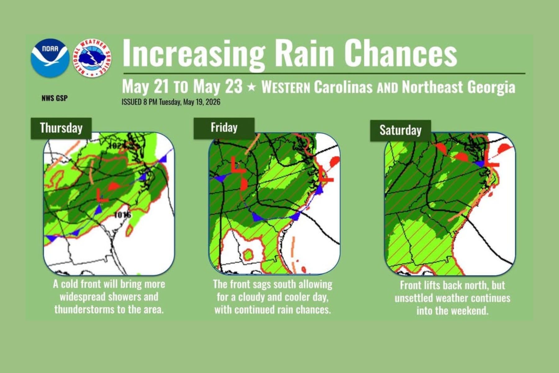 Infographic about increasing rain chances (May 21–23) for Western Carolinas and Northeast Georgia, with three daily weather maps labeled Thursday, Friday and Saturday showing rain coverage.