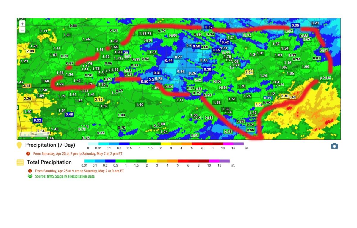 Color-coded 7-day precipitation map showing rainfall amounts in inches at many locations, with a red outline highlighting a route or area of interest.