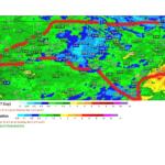Color-coded 7-day precipitation map showing rainfall amounts in inches at many locations, with a red outline highlighting a route or area of interest.