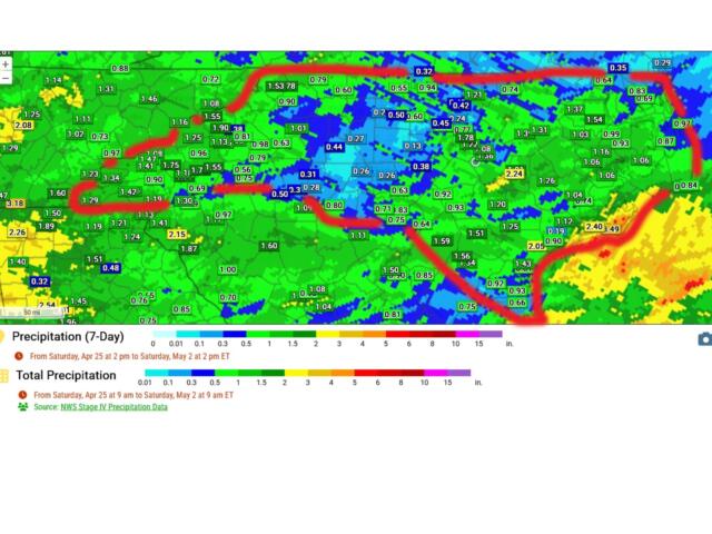 Color-coded 7-day precipitation map showing rainfall amounts in inches at many locations, with a red outline highlighting a route or area of interest.