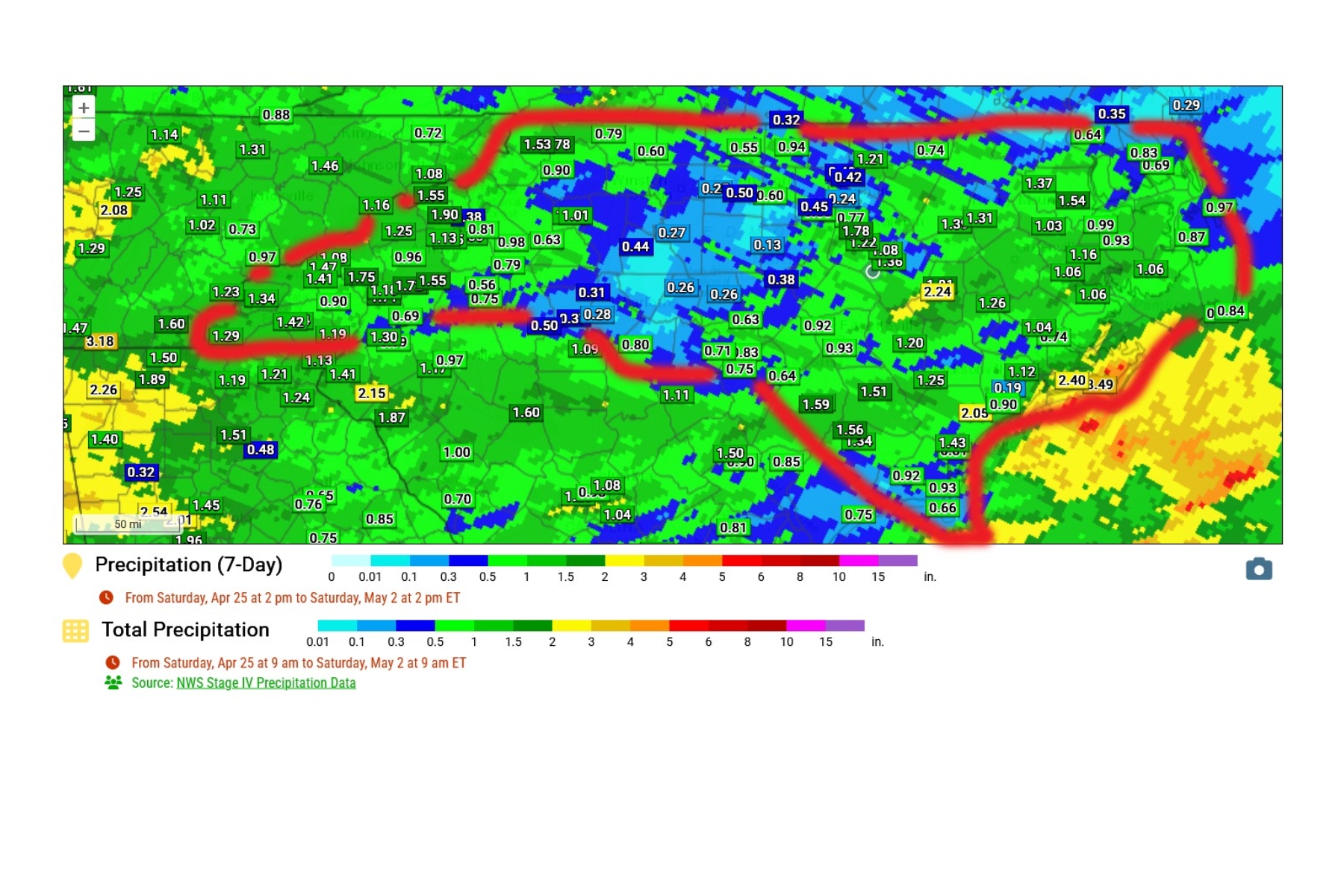 Color-coded 7-day precipitation map showing rainfall amounts in inches at many locations, with a red outline highlighting a route or area of interest.