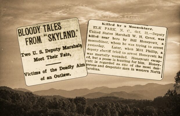 Two sepia-era newspaper clippings reading ‘BLOODY TALES FROM SKYLAND’ and ‘Killed by a Moonshiner’ float above a silhouette of rolling hills, evoking old frontier crime stories.