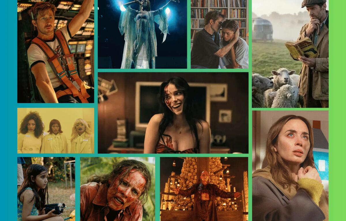 Multi-panel collage of film stills: a man in cockpit, a singer on stage, a couple in a library, and a man reading outdoors with sheep