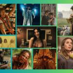 Multi-panel collage of film stills: a man in cockpit, a singer on stage, a couple in a library, and a man reading outdoors with sheep