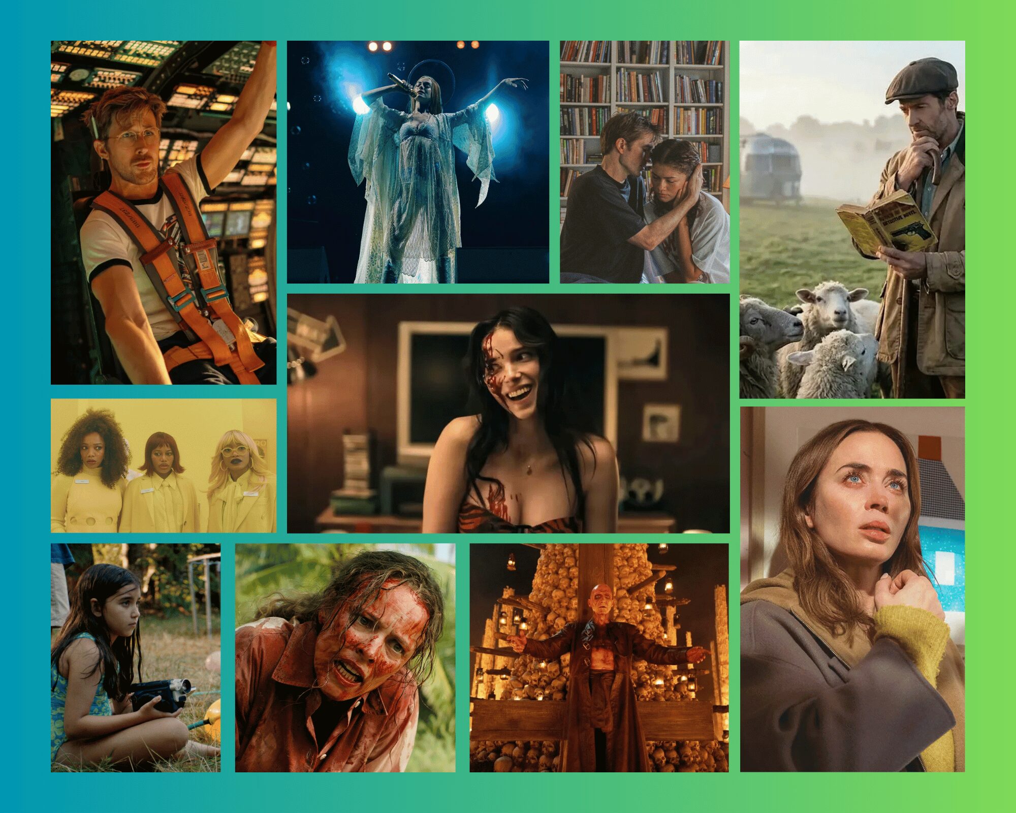 Multi-panel collage of film stills: a man in cockpit, a singer on stage, a couple in a library, and a man reading outdoors with sheep