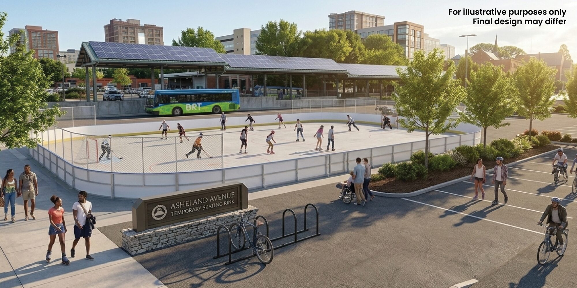 People skate on an outdoor rink surrounded by trees and pedestrians, with a city bus and buildings in the background.