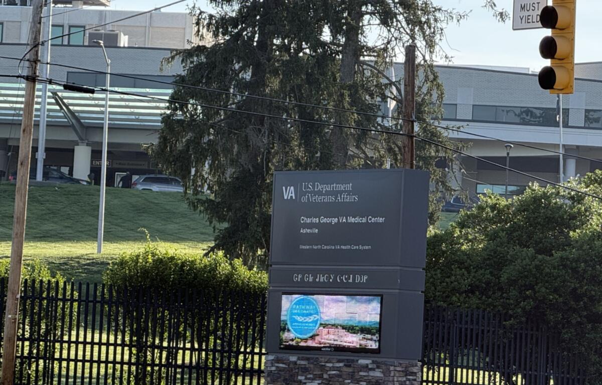 VA sign for the U.S. Department of Veterans Affairs with Charles George VA Medical Center, Asheville, visible beside a fence and greenery.