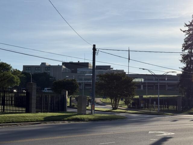Urban street scene with power lines and a tall utility pole, a modern gray building in the background, and a fenced grassy area in the foreground.