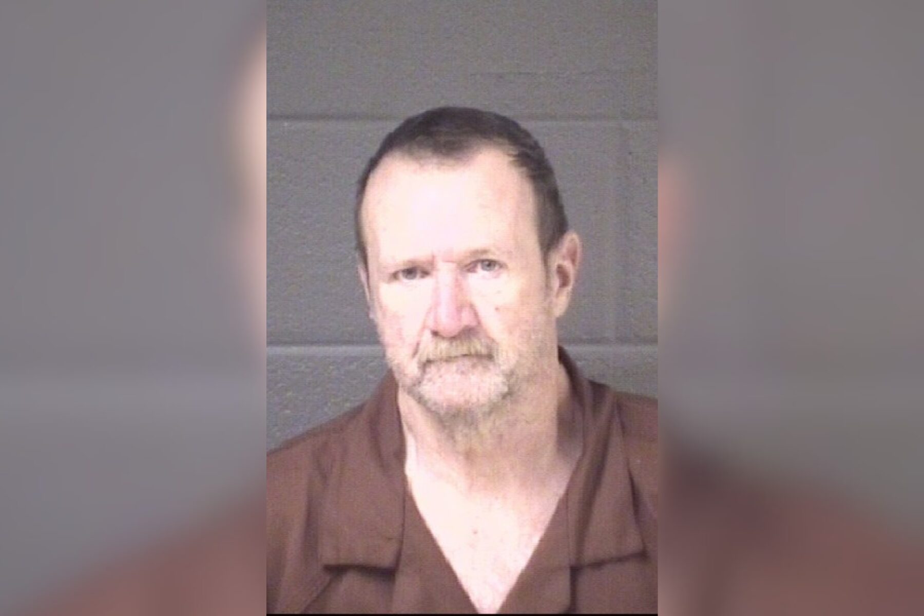 Mugshot of a middle-aged man with short dark hair and a light beard, wearing a brown shirt, against a gray backdrop.